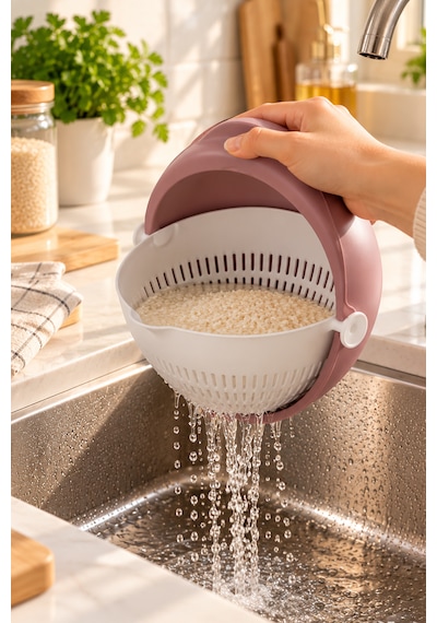 Porsima 1312 Aqua 360 Derece Döner Çift Katlı Mutfak Süzgeci 24 Cm - Kulplu Meyve, Sebze Ve Pirinç Yıkama Süzgeçli Kase Pudra Pudra Pembe