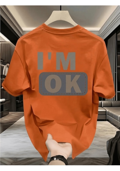 Unisex "ı'm Ok" Baskılı Oversize Pamuklu Tişört - Özel Tasarım Patch Detaylı Turuncu