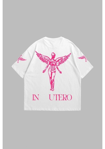 Tarzsokak Nirvana In Utero Pembe Baskılı Oversize Unisex Beyaz Beyaz