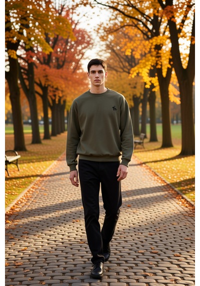 Benerly Erkek Bisiklet Yaka Düşük Kol Uzun Kol Sweatshirt Fonksiyonel Day Haki