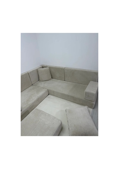 Premium Kadife Kumaş, Konforlu Yer Kanepesi ,modüler Şark Köşesi Takımı - Krem- 20 Parça