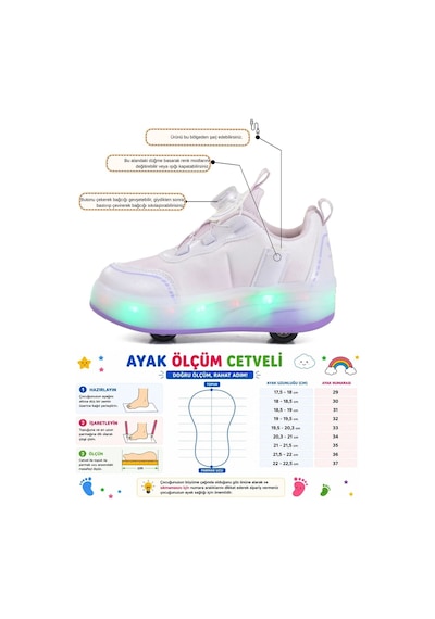 Kız Çocuk Beyaz Mor Şarjlı Işıklı Akıllı Bağcıklı Tekerlekli Paten Ayakkabı Yung Beyaz-mor