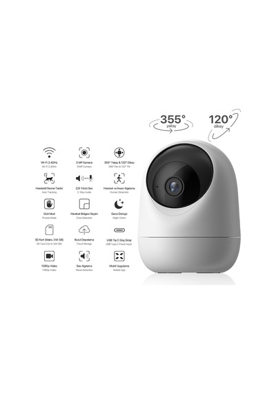 Ev Kamerası 2304p 3mp Wifi Mobil Kontrol Sesli 360 Ptz Gece Görüş İç Mekan Kamera