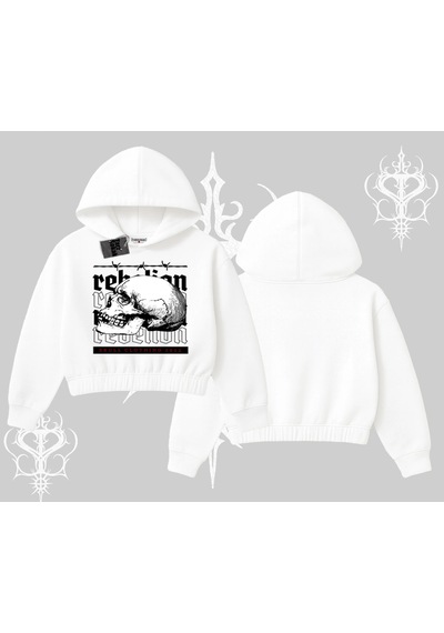 Kapşonlu Crop Sweatshirt Rebellion Skull Underground Street Legacy Beyaz