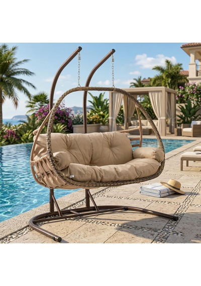 Rehome Malta Çiftli Rattan Bahçe Salıncağı Açık Kahve Açık Kahverengi