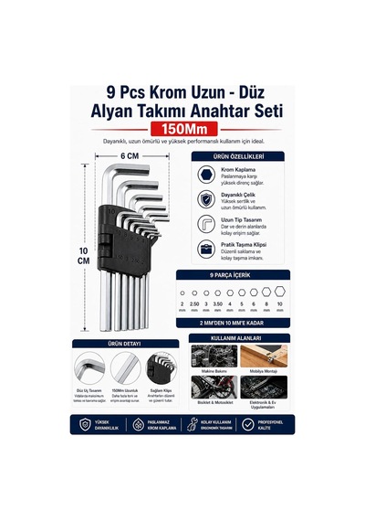 9 Parça Krom Uzun Düz Alyan Anahtar Seti 150 Mm 2 10 Mm Dayanıklı Çelik Allen Anahtar Takımı