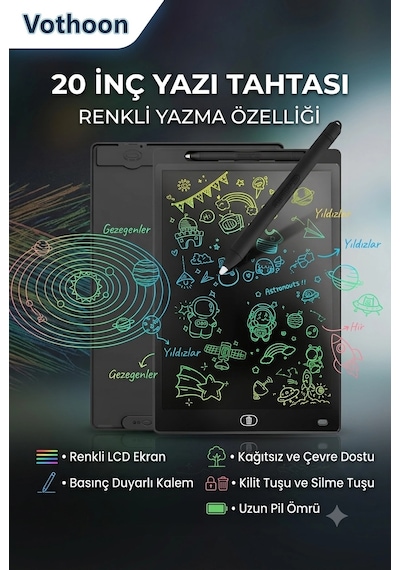 20 Inc Renkli Lcd Grafik Dijital Kalemli Çizim Tableti Yazı Tahta Not Yazma Eğitim Tableti Siyah