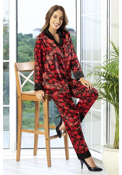FAAL KALP DESEN SATEN PİJAMA TAKIM 4604 Kırmızı