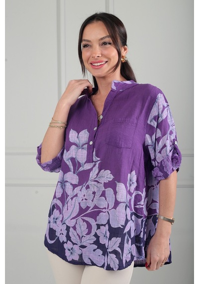By Saygı Kadın Üç Düğme Detaylı Çiçek Desenli Tek Cepli İtalyan Cotton Oversize Bluz Mor