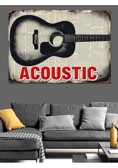 Akustik Gitar Müzik Yazısı Dekoratif Kanvas - Mdf Ahşap Tablo