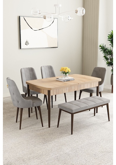 Clara Meşe Desen 80x132 Açılabilir Mdf Masa Yemek Odası Takımı,mutfak Takımı 4 Sandalye 1 Bench Gri Clara Meşe Desen 80x132 Açılabilir Mdf Masa Yemek Odası Takımı,mutfak Takımı 4 Sandalye 1 Bench Gri