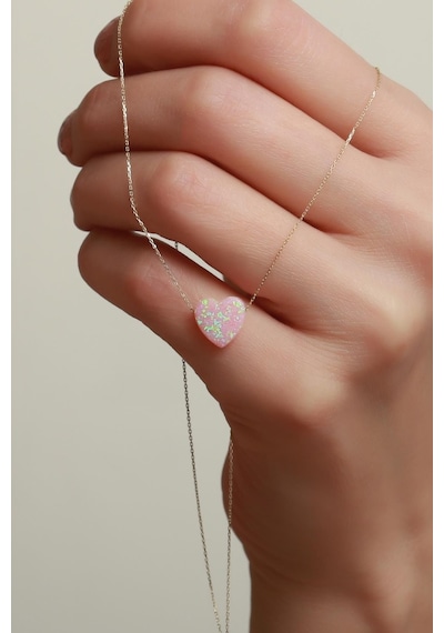 14 Ayar Altın Pembe Opal Taşlı Kalp Kolye Sarı Altın
