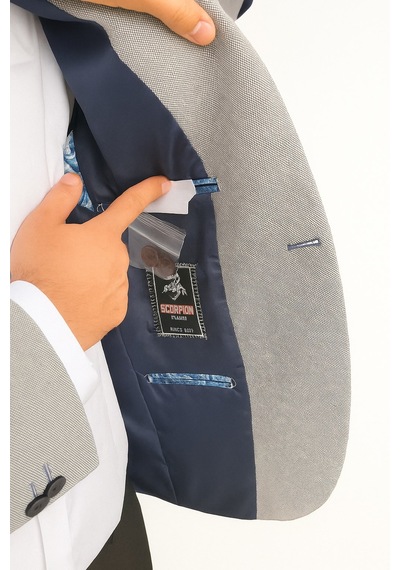 Plus Scorpion Gri Erkek İtalyan Kesim Blazer Ceket Lacivert Detaylı, Kol Yamali, Slim Fit Şık Tasarım Lacivert