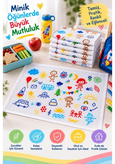 6'lı Okul Beslenme Örtüsü 35x50 Cm Pamuklu Yıkanabilir Happykids Beyaz