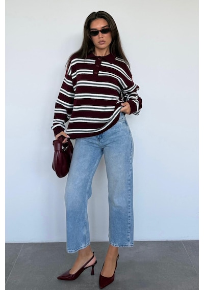 Madmext Bordo Polo Yaka Çizgili Kadın Triko Kazak Mg2469 Bordo