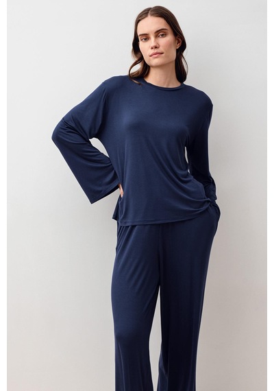 Uzun Kollu Oversize Basic Likralı Viskoz Alt Üst Takım 20210 Lacivert