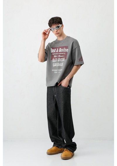 Vamos Oversize Baskılı Tişört V70-167 Füme