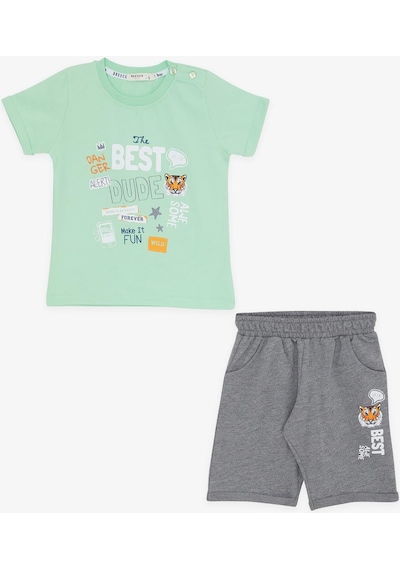 Breeze Girls & Boys Erkek Çocuk Şortlu Takım Kaplan Baskılı 1-4 Yaş, Su Yeşili-su Yeşili Su Yeşili