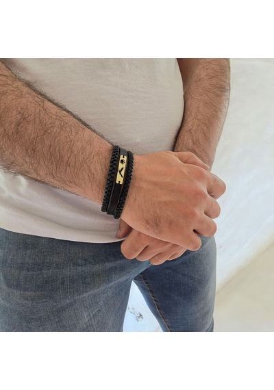 Archin Uçan Kartal Temalı Taç Motifli Hakiki Siyah Derili 14 Ayar Altın Plakalı Hediye Bileklik-397sembol Uçan Kartal