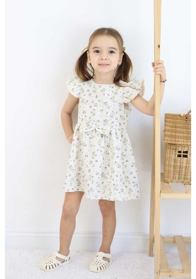 Esila Kids Kız Çocuk Elbise Bayramlık Elbise Çiçek Desenli Fiyonk Detaylı Büzgülü Kollu 3-6 Yaş Yeşil