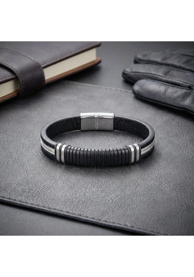 Moncuk Design Siyah Deri Ve 316l Halat Çelik Erkek Bileklik 33514b19d2
