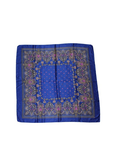 Tikitonki Etnik Çiçek Desenli Saten Lacivert Eşarp - 90x90 Lacivert Lacivert