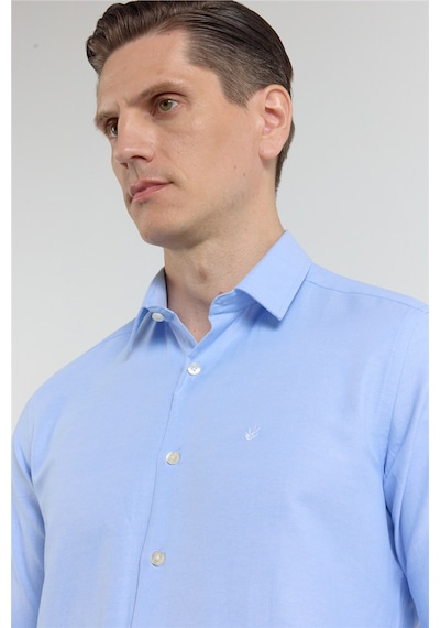İmza Mavi Sert Yaka Uzun Kol Cepsiz Slim Fit Pamuklu Gömlek 1004255284
