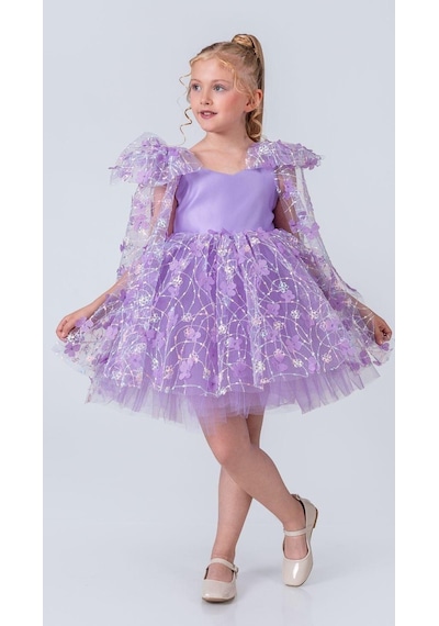 Mnk Baby & Kids Çiçek Brode Desen İmeros Kız Abiye M00736 Lila