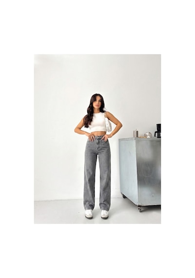 Kene Jeans Kadın Yüksek Bel Kar Siyah Boyfriend Bol Paça Denim Kot Pantolon Kar Siyah