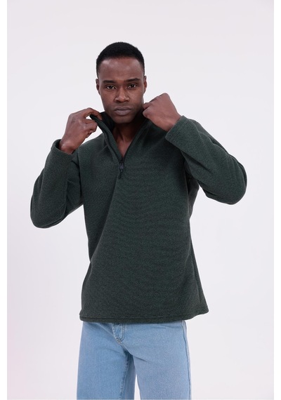 Freemen Erkek Fit Dik Yaka Yarım Fermuarlı Sweatshirt Polar Haki