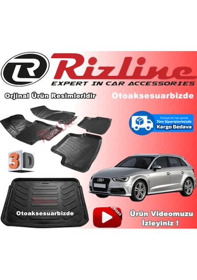 Audi A3 3D Paspas + Bagaj Havuzu Set Siyah Hb 2013-2019 Rizline