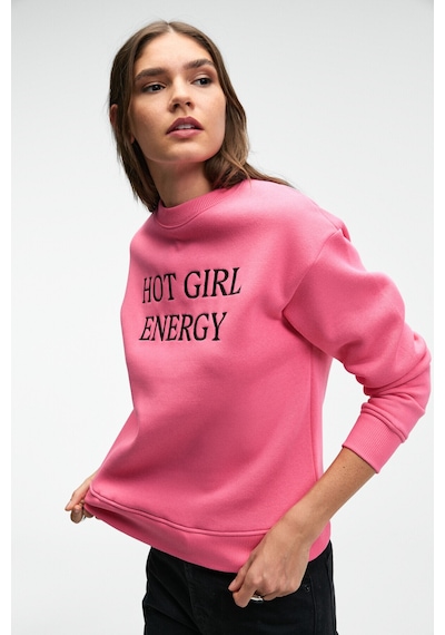 Grımelange ISOLUNE Kadın Yaka Nakış Detaylı Oversize Bisiklet Yaka Pembe Sweatshirt