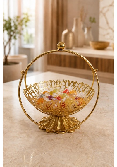 Gold Metal Dekoratif Meyvelik Şekerlik İkramlık Sunum Sepeti Modern Tasarım