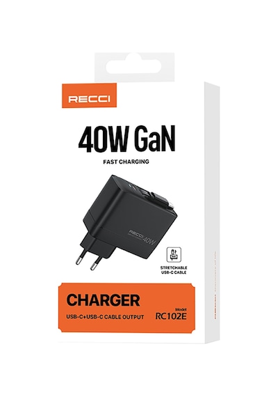 Gan Teknolojili Hızlı Şarj Başlığı Recci Rc102e Usb-a To Type-c Pd 40w Type-c Kablolu Şarj Set Siyah