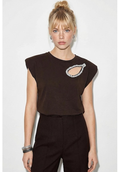 Shade Kadın Taş İşlemeli Vatkalı Omuz Detaylı Pamuk T-shirt 1075 60286066 - Acı Kahve Acı Kahverengi L