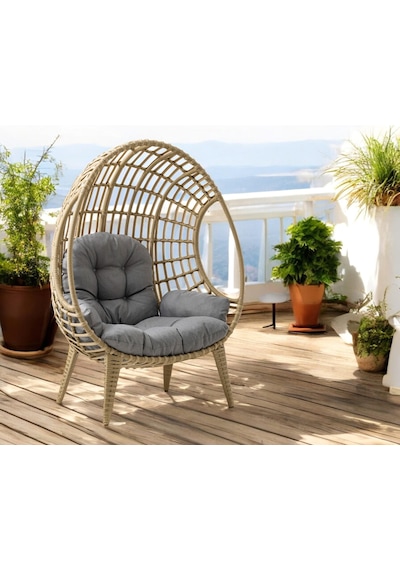 Egg Chair Tekli Rattan Bahçe Koluğu Rehome Minderli Oval Lounge Acı Kahverengi