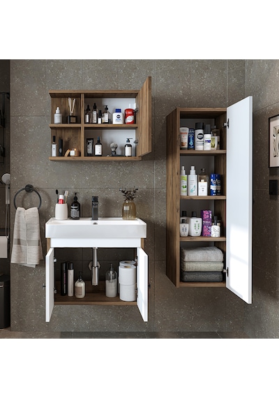 Ada Lavabolu Banyo Alt Dolabı + Banyo Üst Dolap + Banyo Boy Dolap Atlantik Çam - Beyaz Ada Lavabolu Banyo Alt Dolabı + Banyo Üst Dolap + Banyo Boy Dolap Atlantik Çam - Beyaz