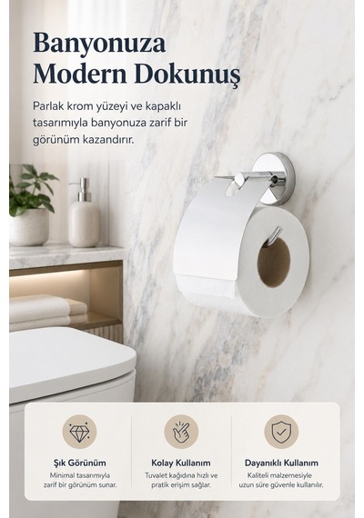 Alper Banyo Ceria Krom Kapaklı Tuvalet Kağıdı Askısı | Tuvalet Kağıtlığı | Hem Yapışkanlı Hem Vidalı Montaj