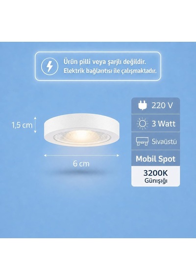3w Led Sıva Üstü Mini Spot Beyaz Kasa 220v Günışığı 6 Cm Mobil Raf & Dolap Aydınlatma Diğer