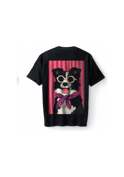 Bumeta Gözlüklü Siyah Köpek Baskılı Oversize Unisex Tişört T-shirt