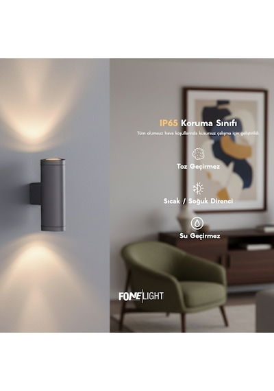FoneLight Gala 24 cm Çift Yönlü LED Duvar Apliği Antrasit Alüminyum IP65 Dış Mekan Bahçe Aydınlatması 9W 3000K