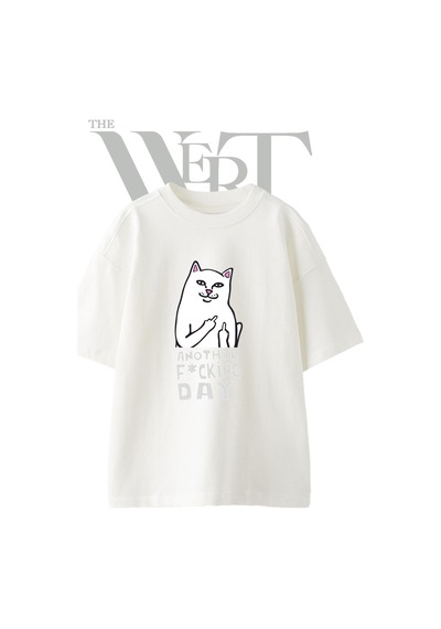 Thewert Orta Parmak Kedi Tasarım Baskılı Ünisex Beyaz Oversize T-shirt
