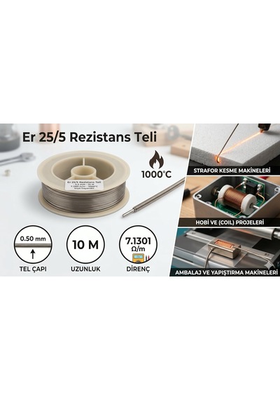 Er 25/5 Rezistans Teli 0.50 Mm 10 Metre - Krom Alüminyum Direnç Teli 7.1301 Ω/m - 1000 C Isıya Dayanıklı Kalın Isıtıcı Tel - Strafor Kesme, Fırın, Coil Ve Paketleme Makinesi Uyumlu