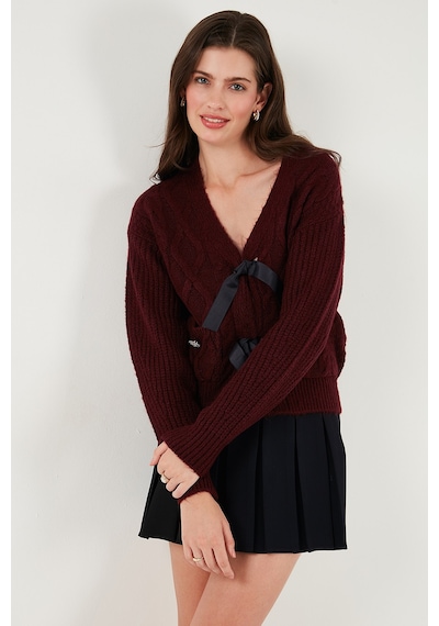 Lela Premium Regular Fit V Yaka Fiyonk Bağlama Detaylı Örgü Desenli Triko Bayan Hırka 680Kz1947 Bordo