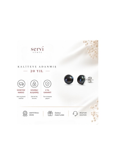 Servi 925 Ayar Gümüş Çerçeveli Siyah İnci Küpe-505