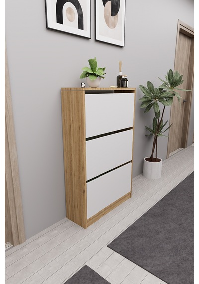 Mirobi Kembe 3 Bölmeli Açılır Modern Dekoratif Ayakkabılık Çam - Beyaz
