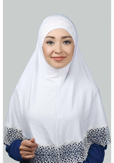 Altobeh İkili Set Dantelli Pratik Eşarp Hazır Hijab Ve Tesettür Bonesi Xl Beyaz