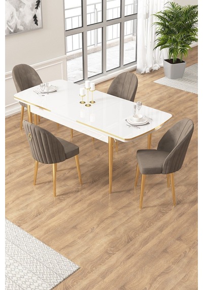 Canisa Edaf Serisi 80x132 Açılabilir Beyaz Mutfak Masa Takımı 4 Cappucino Sandalye Gold Detay Masa Beyaz Sandalye Gri Krom Ayak