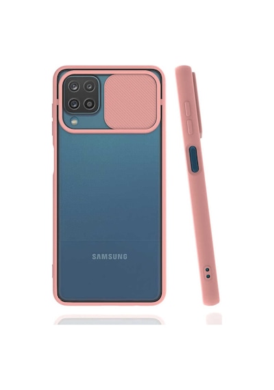Noktaks - Samsung Galaxy Uyumlu A12 - Kılıf Slayt Sürgülü Arkası Buzlu Lensi Kapak - Pembe Açık