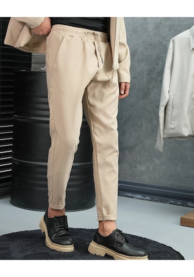 Modefendi Düz Kumaş Oversize Fermuarlı Alt Üst Jogger Takım Bej